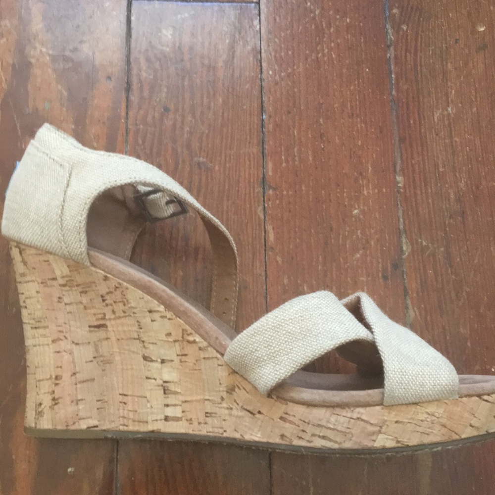 Nude fabric Toms cork wedges